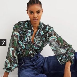 Boden Ruffle Neck blue green black metallic sheer sleeve blouse size 4